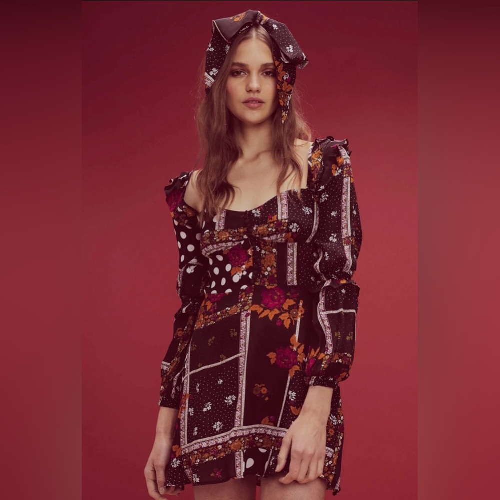 For Love & Lemons Black Floral Patchwork Mini Dress